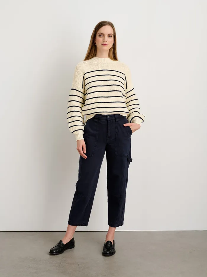 Women Alex Mill Sweaters ButtonBack Crewneck Sweater In Stripe Ivorydark Navy