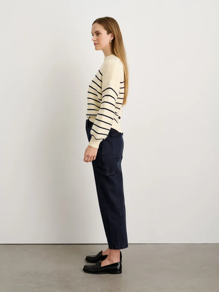 Women Alex Mill Sweaters ButtonBack Crewneck Sweater In Stripe Ivorydark Navy