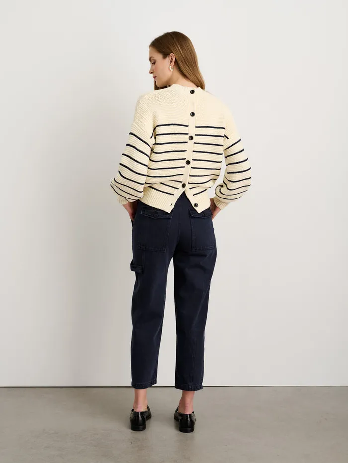 Women Alex Mill Sweaters ButtonBack Crewneck Sweater In Stripe Ivorydark Navy