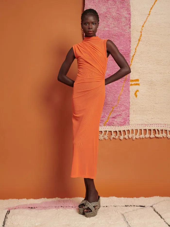 Women Ghospell Devin Ruched Midi Dress Flame Orange Sister Jane Dresses