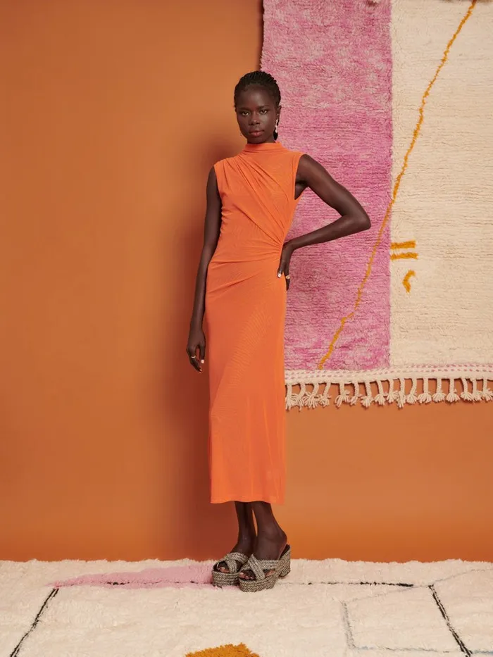 Women Ghospell Devin Ruched Midi Dress Flame Orange Sister Jane Dresses