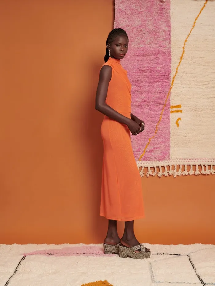 Women Ghospell Devin Ruched Midi Dress Flame Orange Sister Jane Dresses