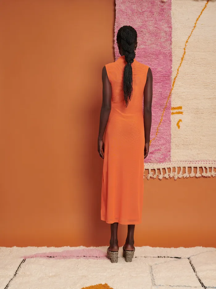 Women Ghospell Devin Ruched Midi Dress Flame Orange Sister Jane Dresses