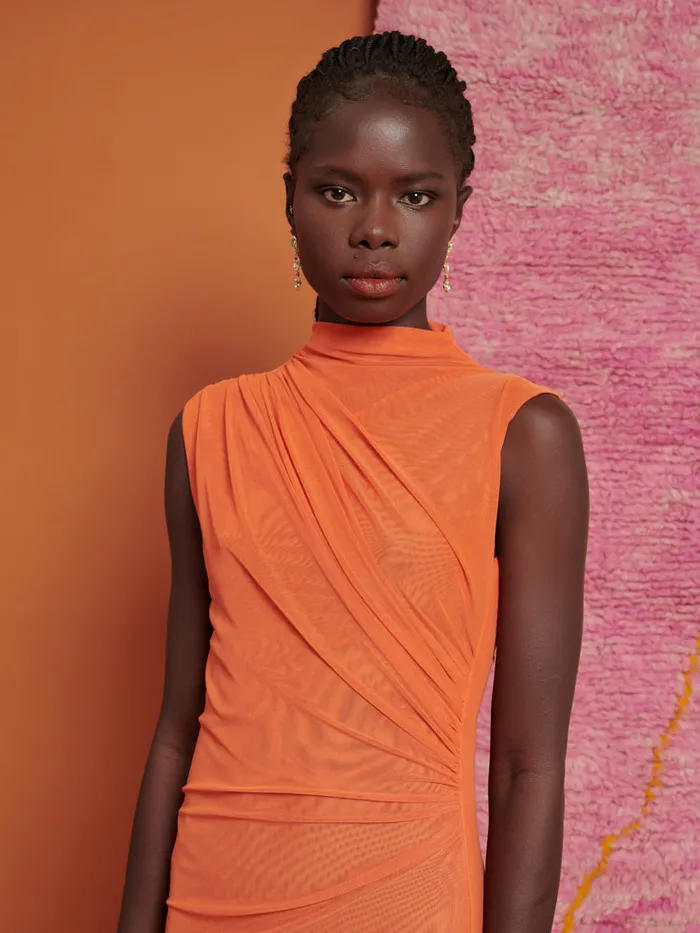 Women Ghospell Devin Ruched Midi Dress Flame Orange Sister Jane Dresses