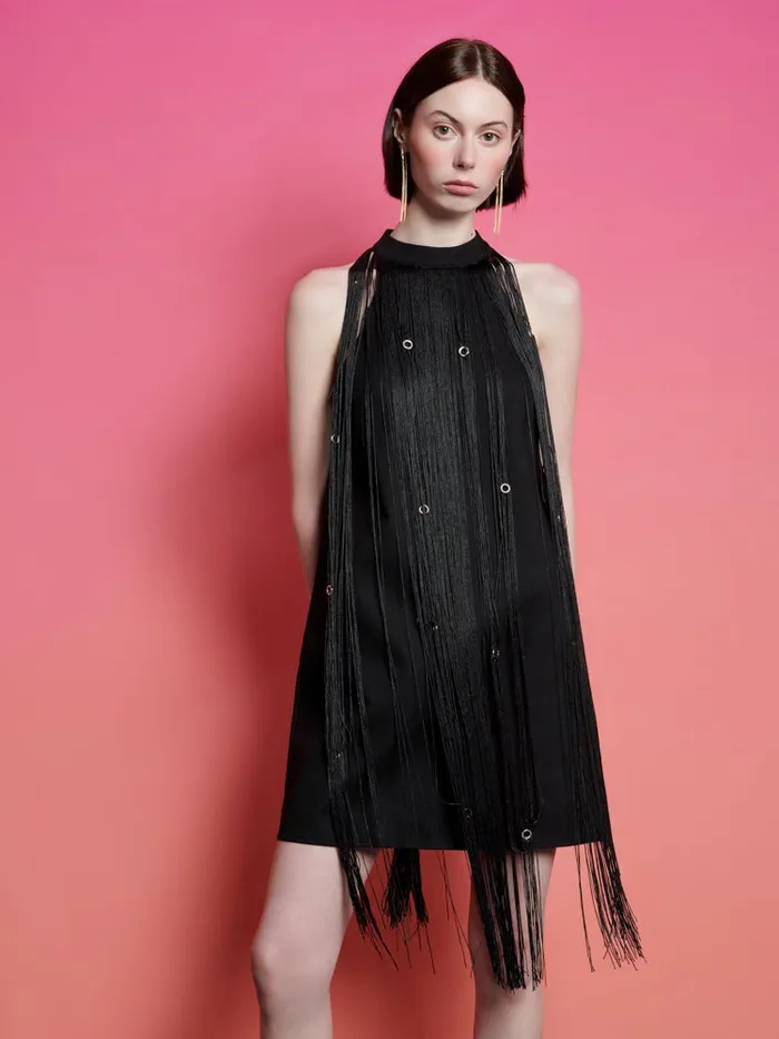 Women Ghospell Frida Fringe Mini Dress Coal Black Sister Jane Dresses