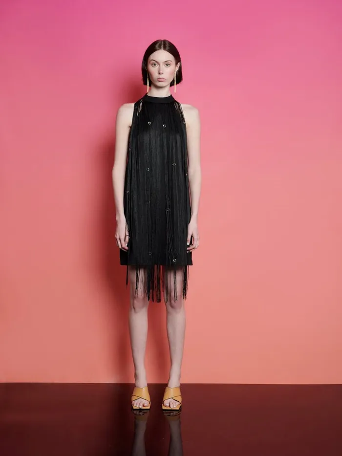 Women Ghospell Frida Fringe Mini Dress Coal Black Sister Jane Dresses