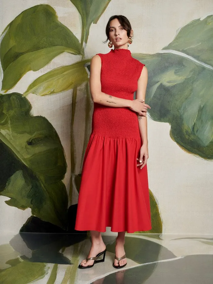 Women Ghospell Kali Shirred Midi Dress Vermillon Red Sister Jane Dresses