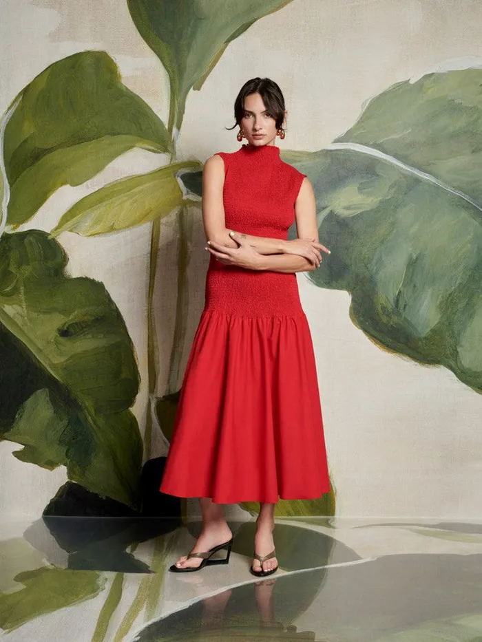 Women Ghospell Kali Shirred Midi Dress Vermillon Red Sister Jane Dresses