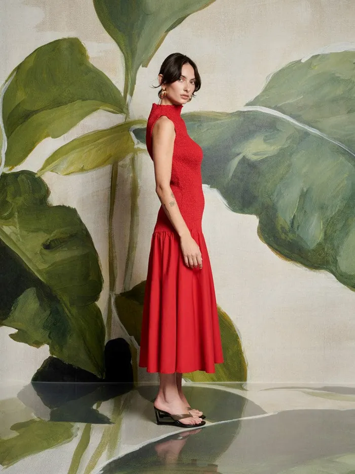 Women Ghospell Kali Shirred Midi Dress Vermillon Red Sister Jane Dresses