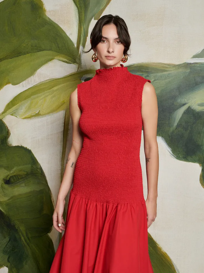 Women Ghospell Kali Shirred Midi Dress Vermillon Red Sister Jane Dresses