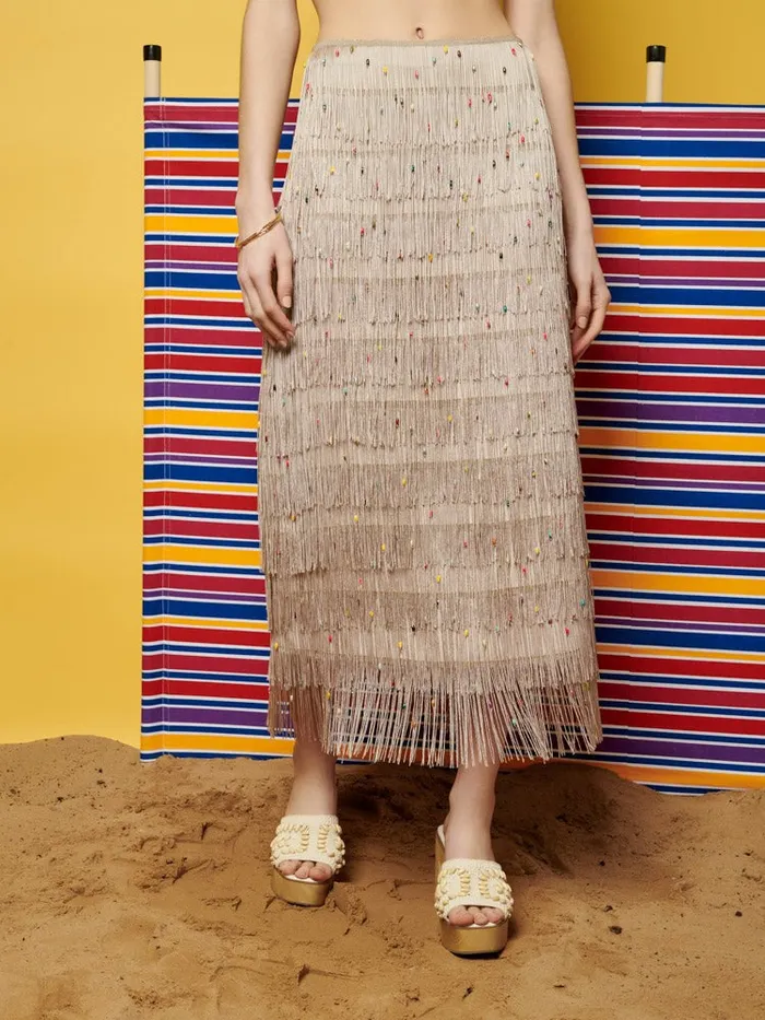 Women Ghospell Vivian Fringed Midi Skirt Light French Beige Sister Jane Bottoms