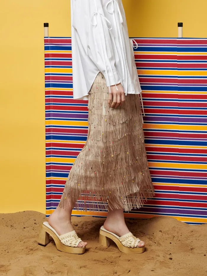 Women Ghospell Vivian Fringed Midi Skirt Light French Beige Sister Jane Bottoms