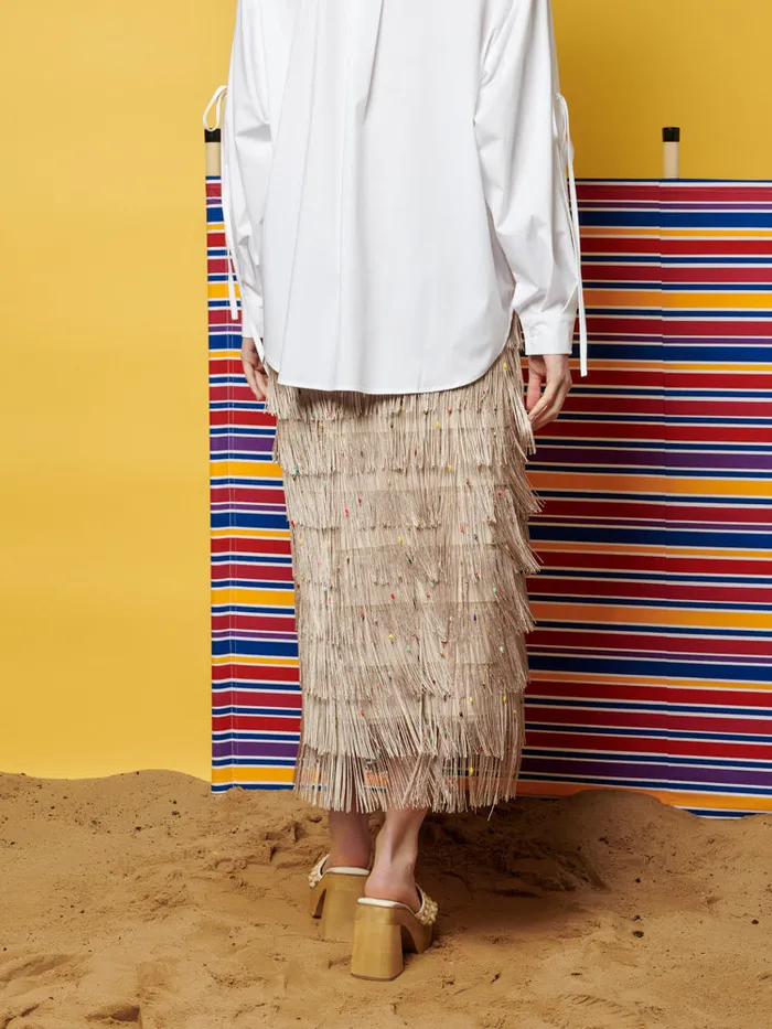 Women Ghospell Vivian Fringed Midi Skirt Light French Beige Sister Jane Bottoms