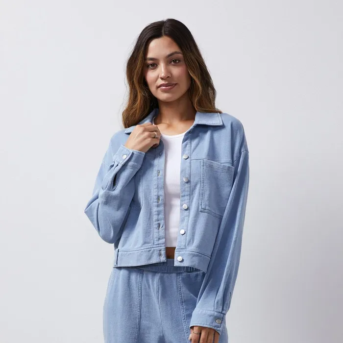 Women Jackets MONROW Indigo French Terry Denim Jacket Light Wash