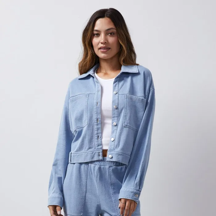 Women Jackets MONROW Indigo French Terry Denim Jacket Light Wash