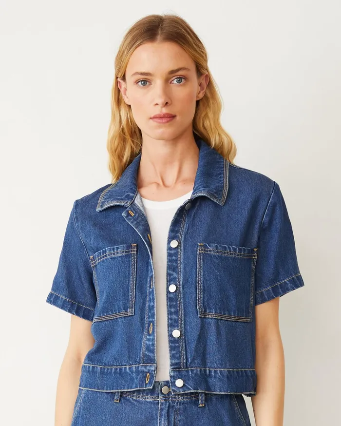 Women Jackets MONROW Soft Denim Short Sleeve Shirt Medium Wash
