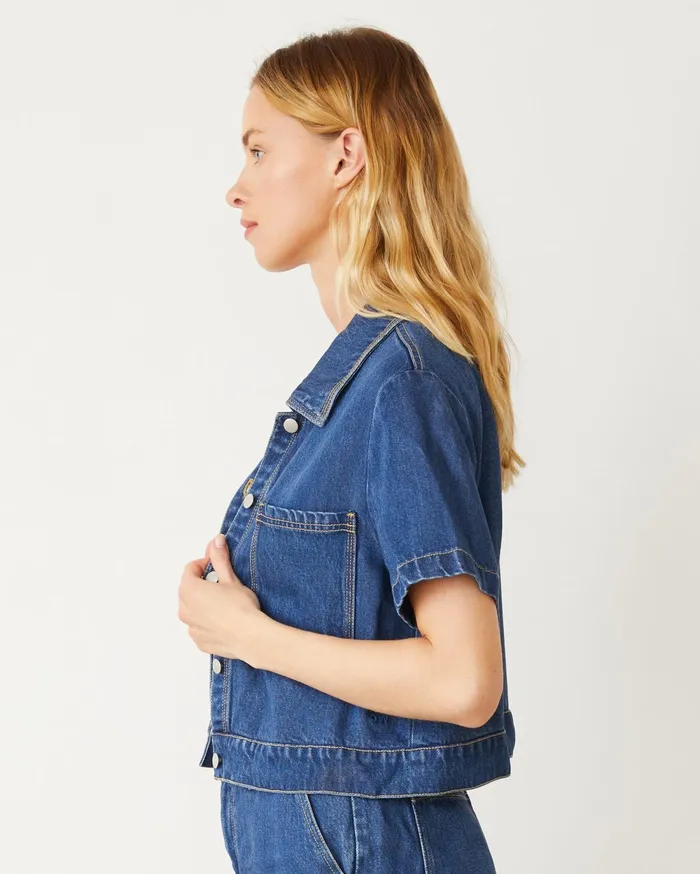 Women Jackets MONROW Soft Denim Short Sleeve Shirt Medium Wash