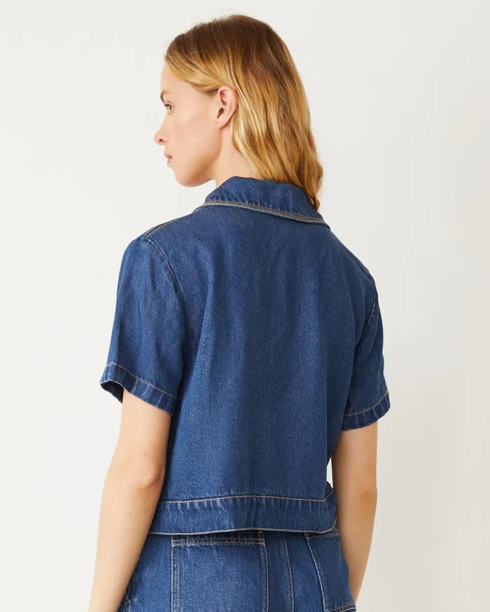 Women Jackets MONROW Soft Denim Short Sleeve Shirt Medium Wash
