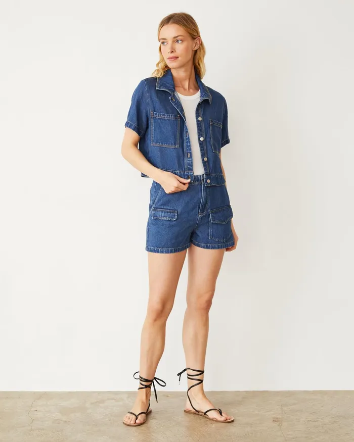 Women Jackets MONROW Soft Denim Short Sleeve Shirt Medium Wash