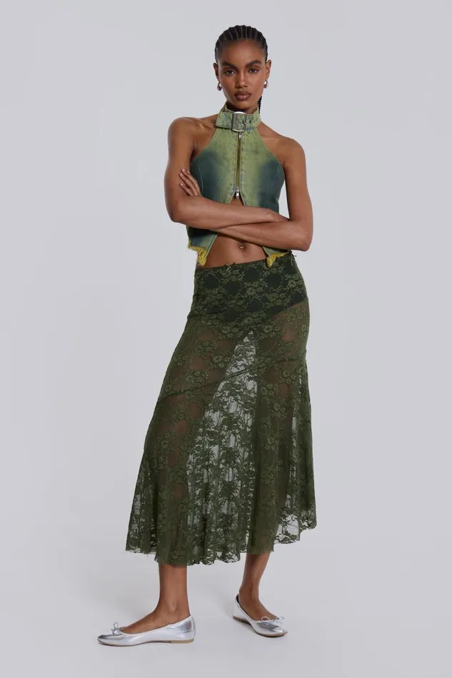 Women Jaded London Beach Skirts Rhea Khaki Lace Midi Skirt