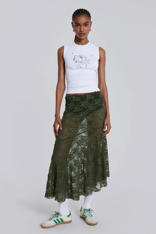 Women Jaded London Beach Skirts Rhea Khaki Lace Midi Skirt