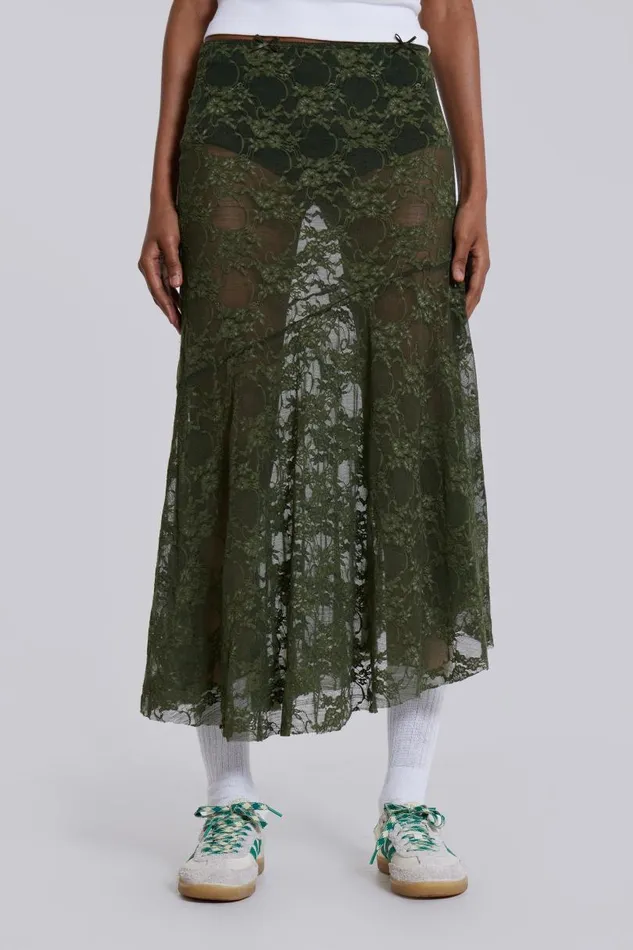 Women Jaded London Beach Skirts Rhea Khaki Lace Midi Skirt