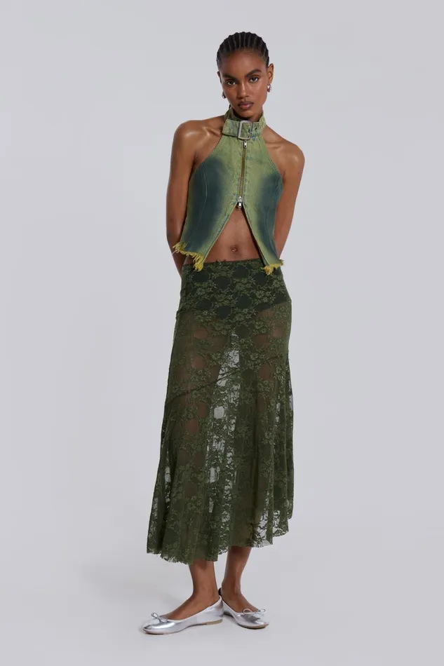 Women Jaded London Beach Skirts Rhea Khaki Lace Midi Skirt