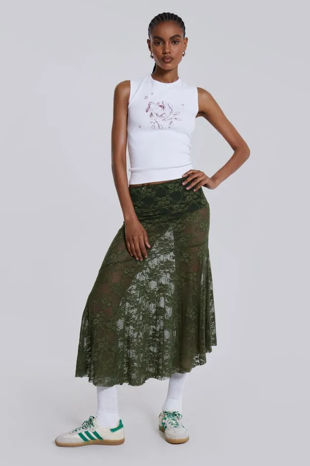 Women Jaded London Beach Skirts Rhea Khaki Lace Midi Skirt