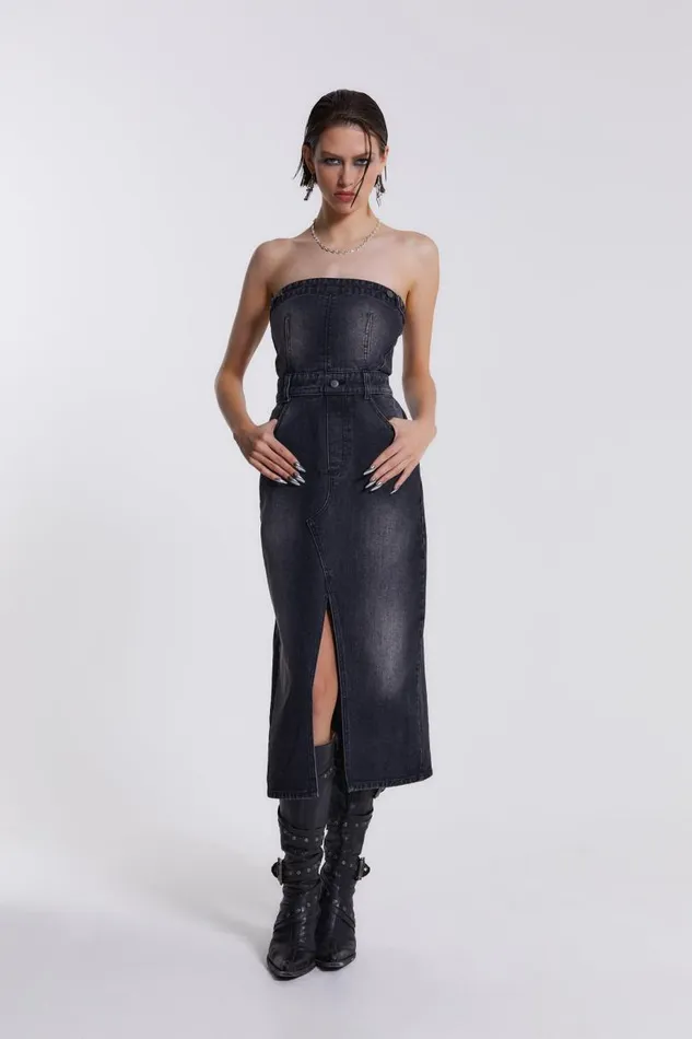 Women Jaded London Denim and Jeans Liberty 2 In 1 Detachable Denim Black Midi Dress