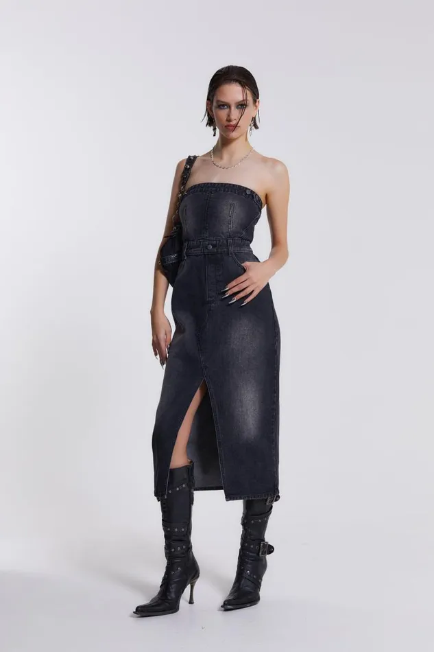 Women Jaded London Denim and Jeans Liberty 2 In 1 Detachable Denim Black Midi Dress