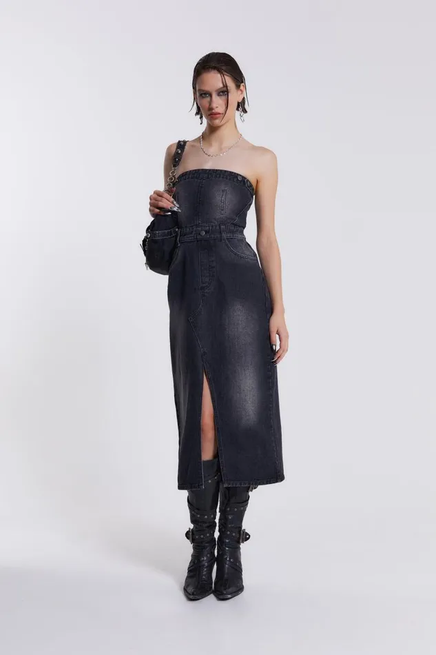 Women Jaded London Denim and Jeans Liberty 2 In 1 Detachable Denim Black Midi Dress