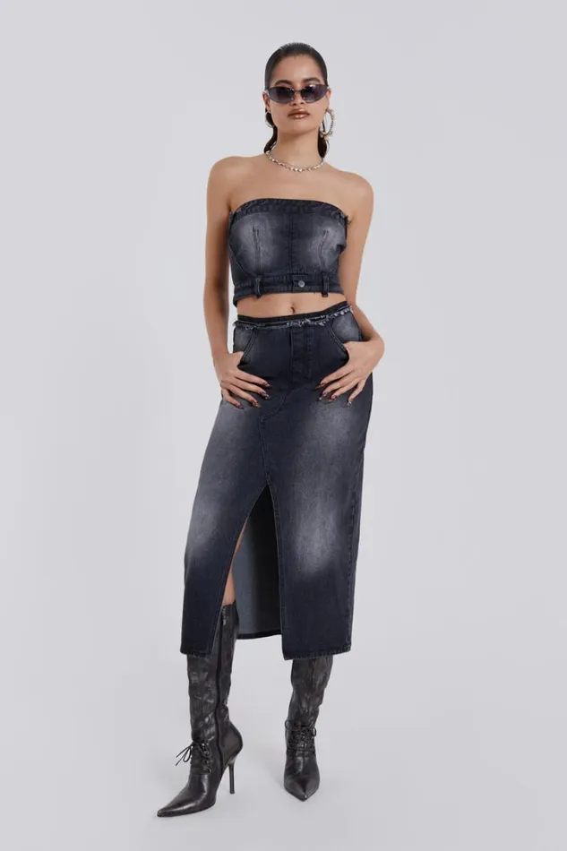 Women Jaded London Denim and Jeans Liberty 2 In 1 Detachable Denim Black Midi Dress