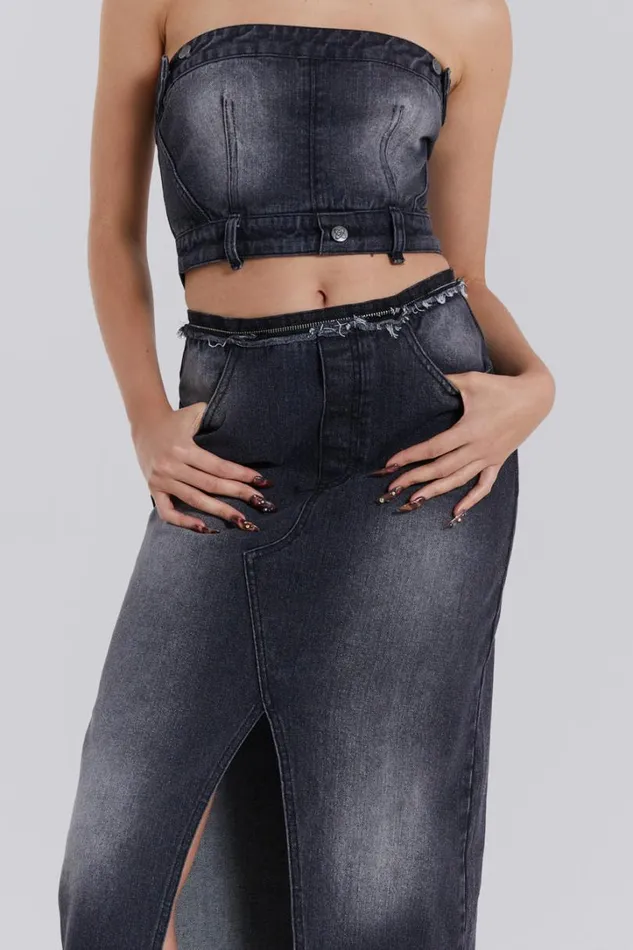Women Jaded London Denim and Jeans Liberty 2 In 1 Detachable Denim Black Midi Dress