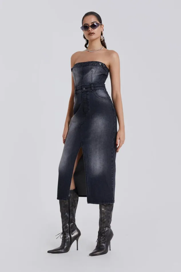Women Jaded London Denim and Jeans Liberty 2 In 1 Detachable Denim Black Midi Dress