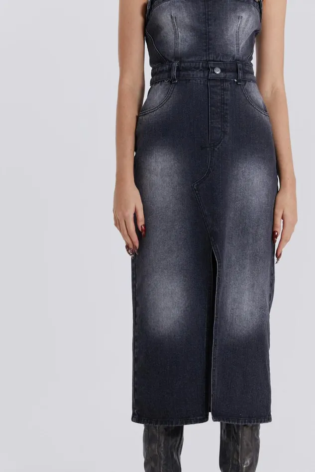 Women Jaded London Denim and Jeans Liberty 2 In 1 Detachable Denim Black Midi Dress