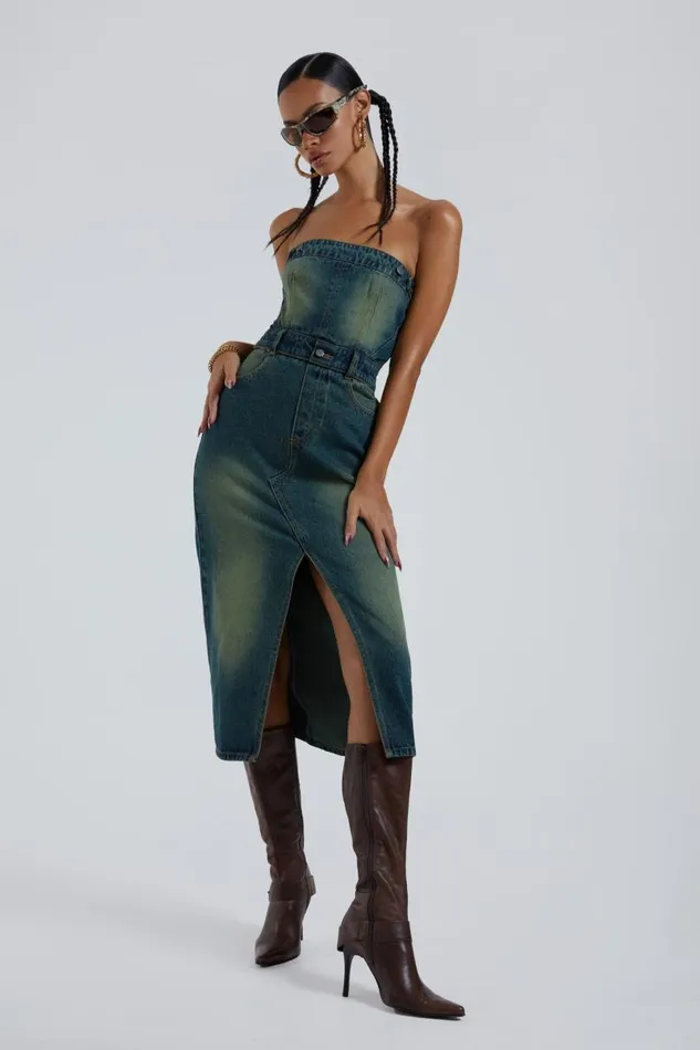 Women Jaded London Denim and Jeans Liberty 2 In 1 Detachable Denim Blue Midi Dress