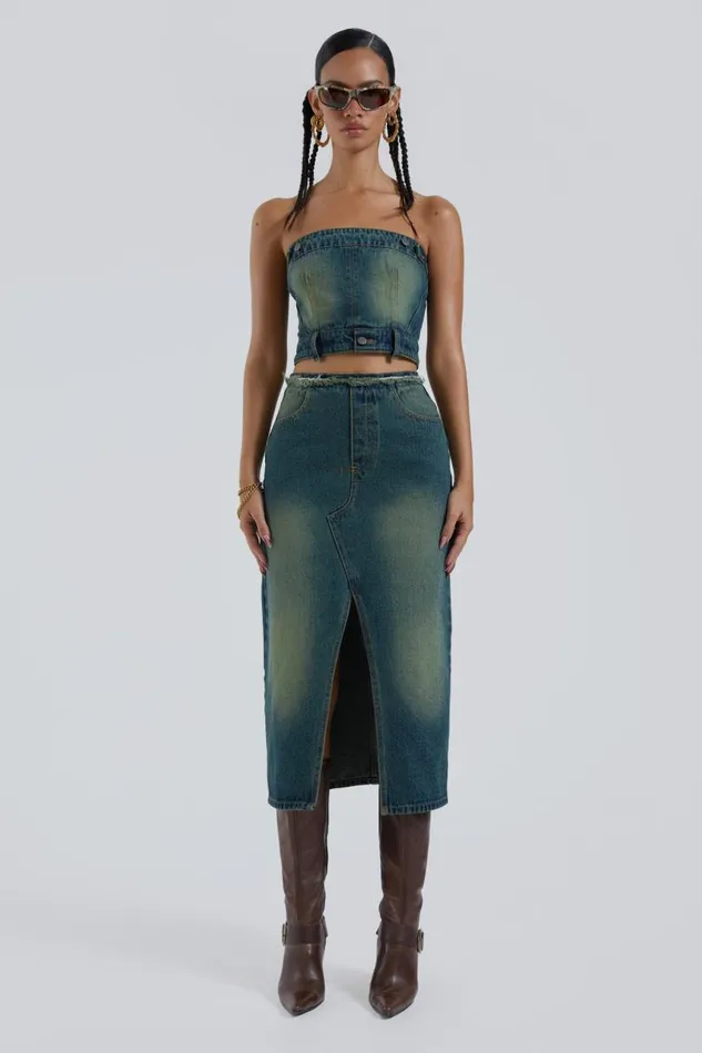 Women Jaded London Denim and Jeans Liberty 2 In 1 Detachable Denim Blue Midi Dress