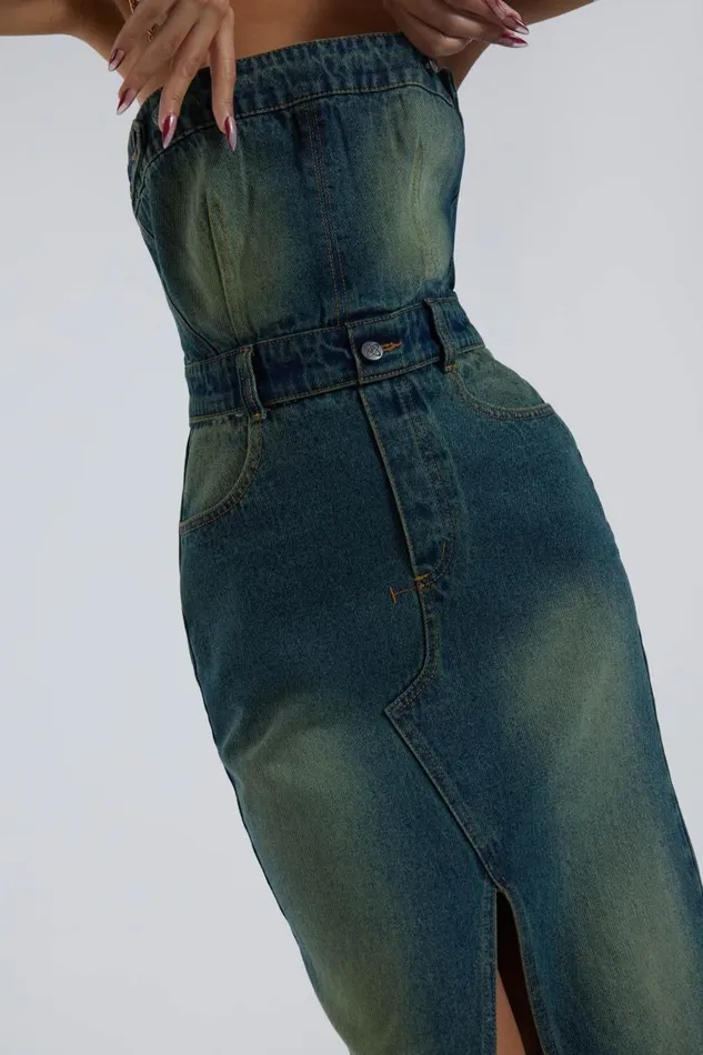 Women Jaded London Denim and Jeans Liberty 2 In 1 Detachable Denim Blue Midi Dress