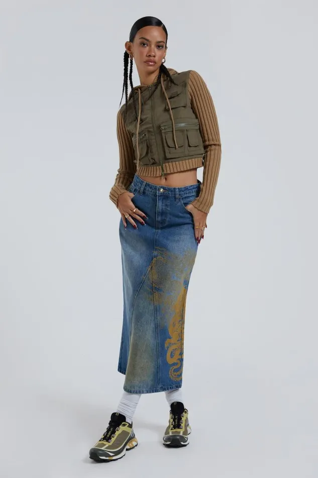 Women Jaded London Denim and Jeans Serpent Denim Slit Maxi Skirt