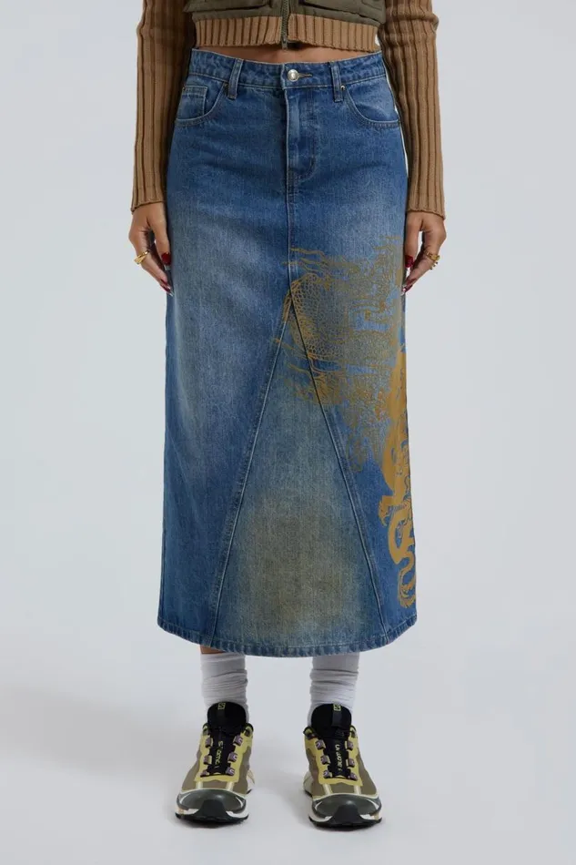 Women Jaded London Denim and Jeans Serpent Denim Slit Maxi Skirt