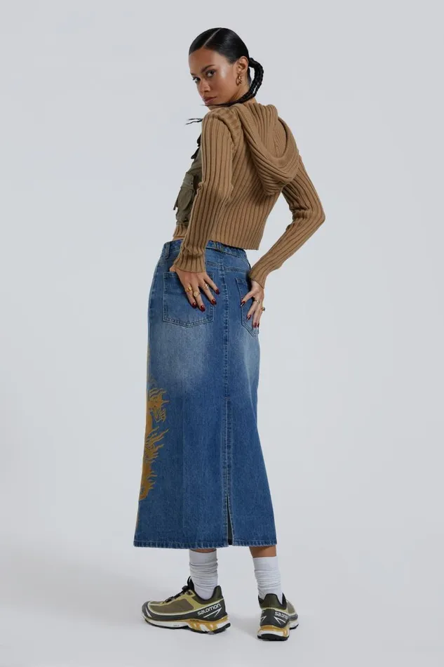 Women Jaded London Denim and Jeans Serpent Denim Slit Maxi Skirt