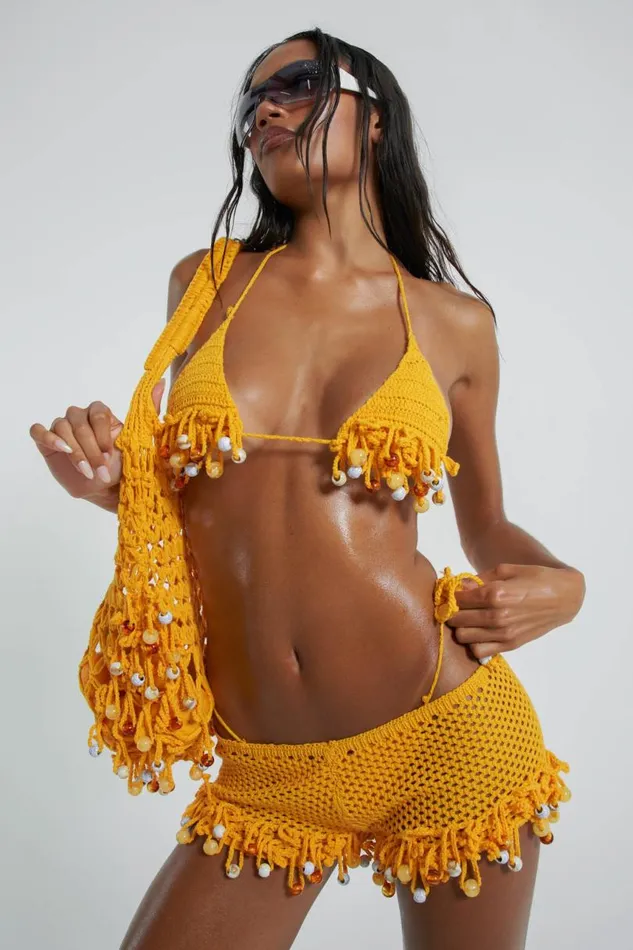 Women Jaded London Knitwear Canary Knit Shorts With Beaded Trim