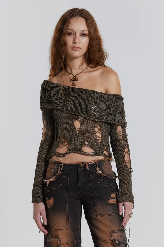 Women Jaded London Knitwear Esra Laddered Knit Off The Shoulder Top