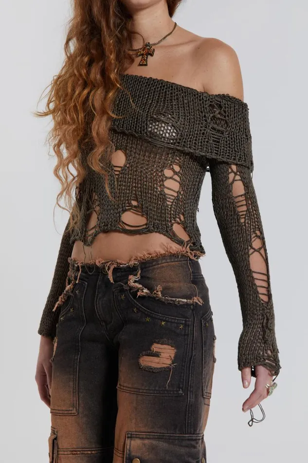 Women Jaded London Knitwear Esra Laddered Knit Off The Shoulder Top