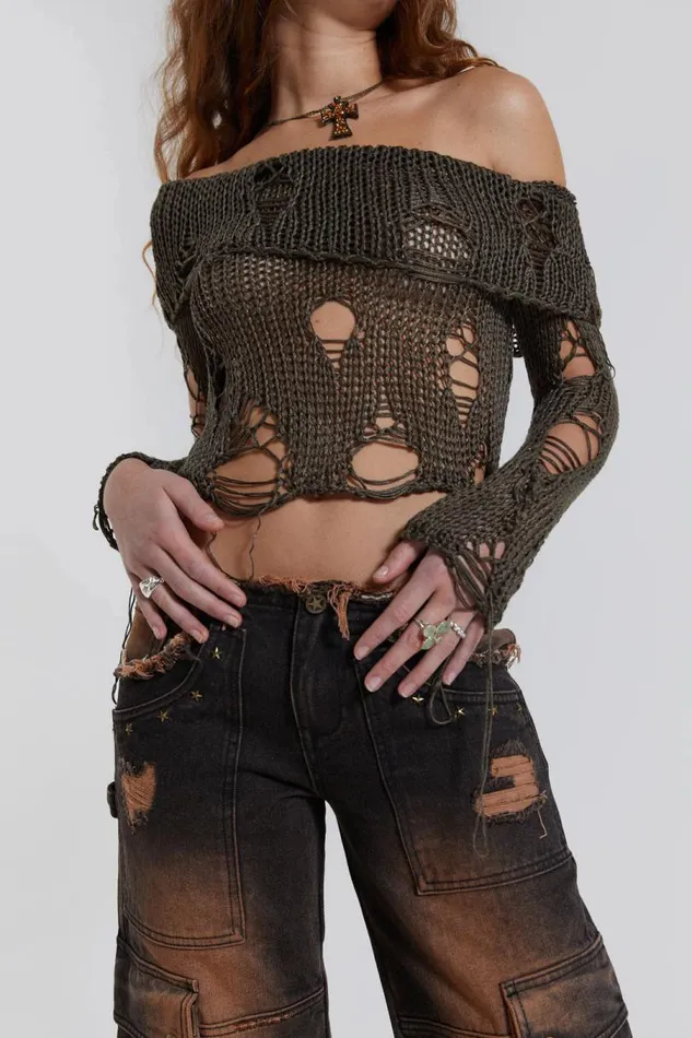 Women Jaded London Knitwear Esra Laddered Knit Off The Shoulder Top