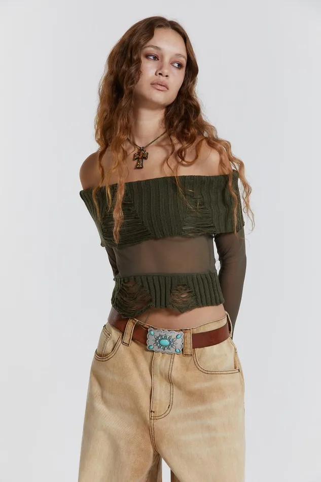 Women Jaded London Knitwear Nova Off The Shoulder Mesh Top