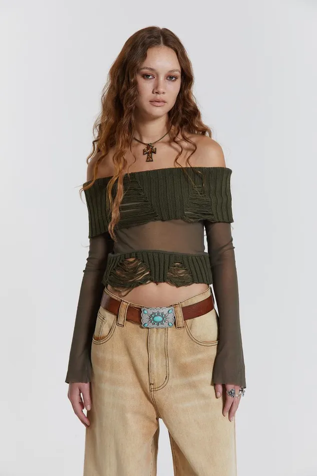 Women Jaded London Knitwear Nova Off The Shoulder Mesh Top