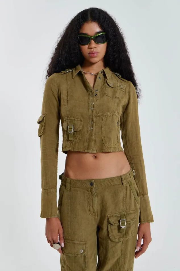 Women Jaded London Long Sleeve Tops Devon Linen Cargo Shirt