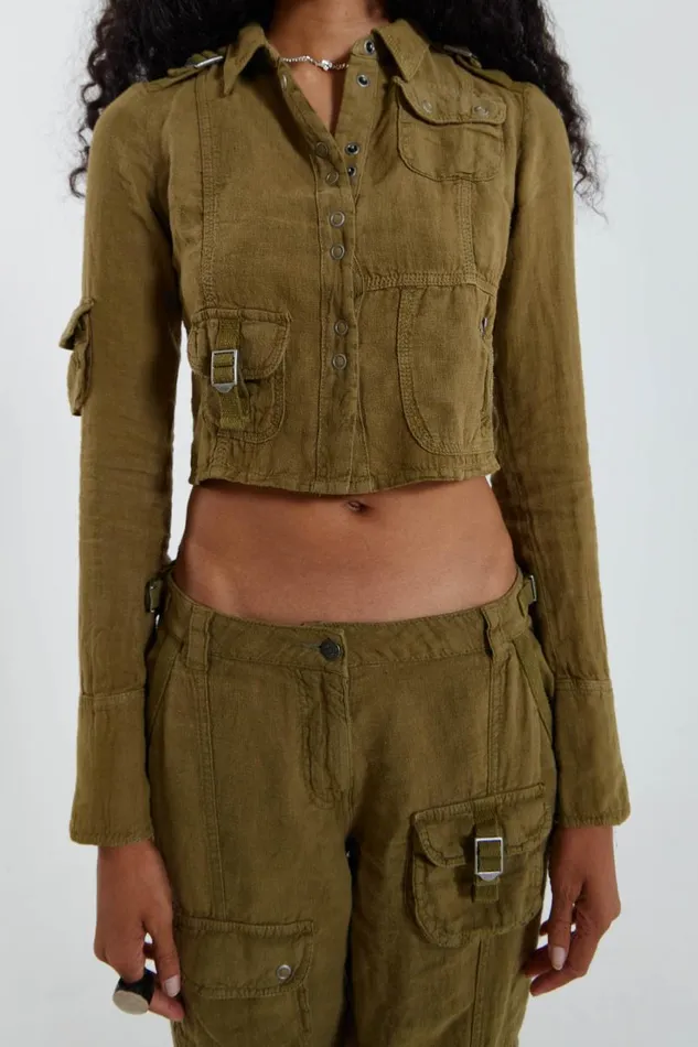Women Jaded London Long Sleeve Tops Devon Linen Cargo Shirt
