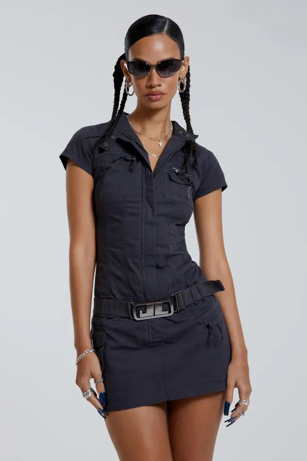 Women Jaded London Mini Dresses Vintage Grey Cargo Mini Dress With Belt Detail
